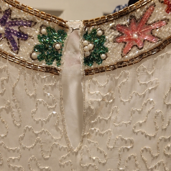 Vintage Lawrence Kazar New York Silk Beaded Cream Beaded Floral Top Size XL - Picture 5 of 7